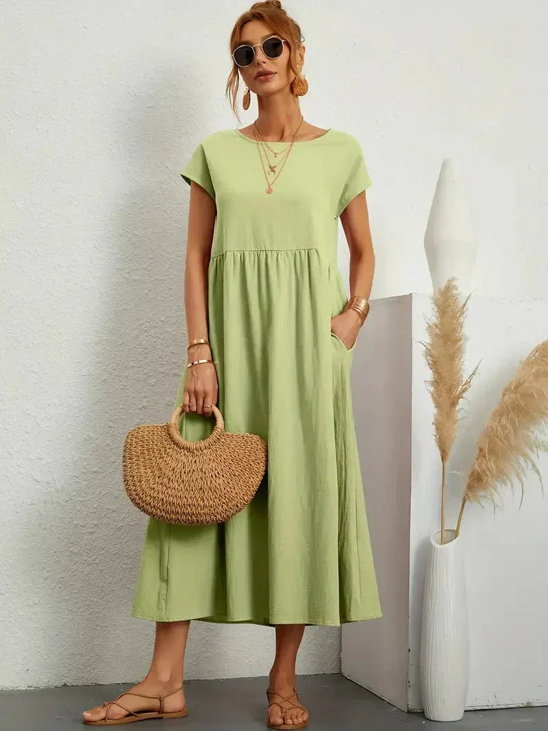 Vestido longo feminino casual com bolsos e mangas curtas