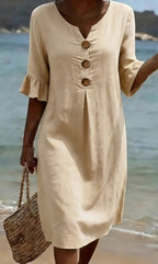 Vestido midi mulher linho algodão botões corte solto verão