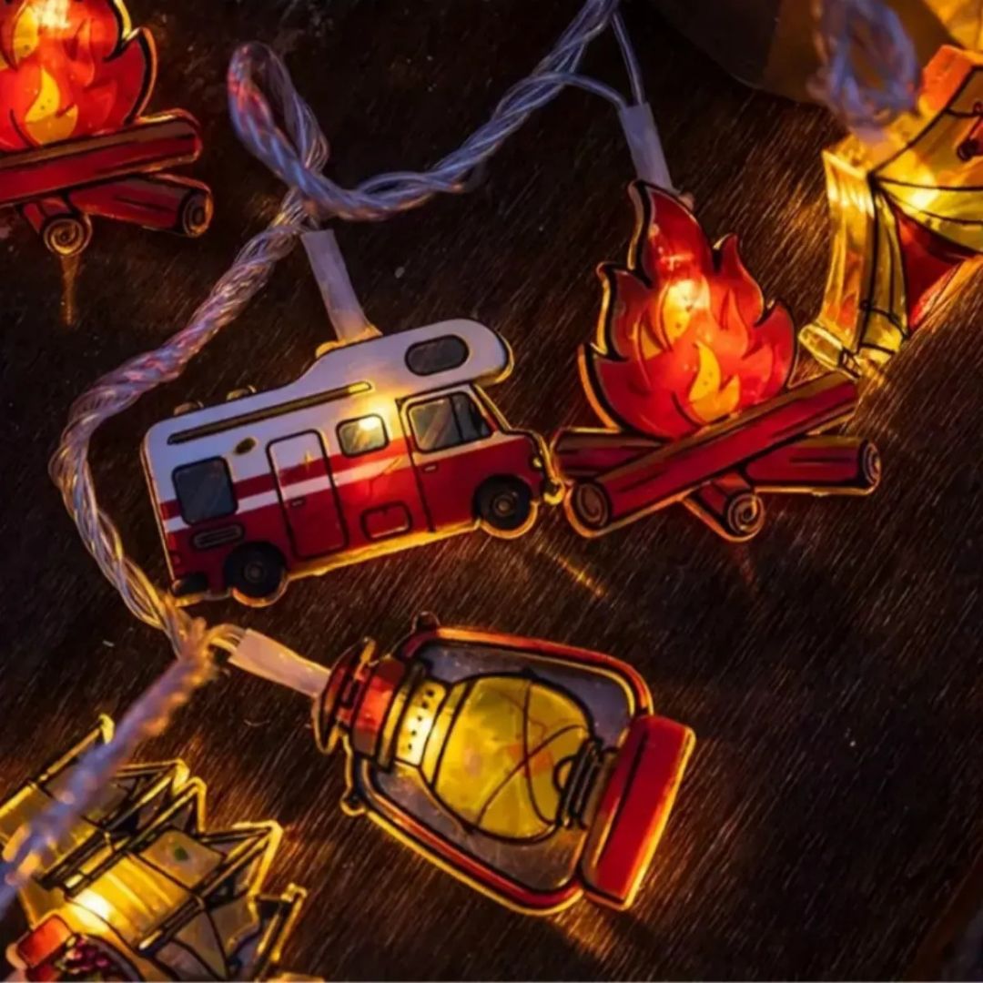 Luzes de camping LED guirlanda decorativa com motivos de tenda e caravana, branco quente