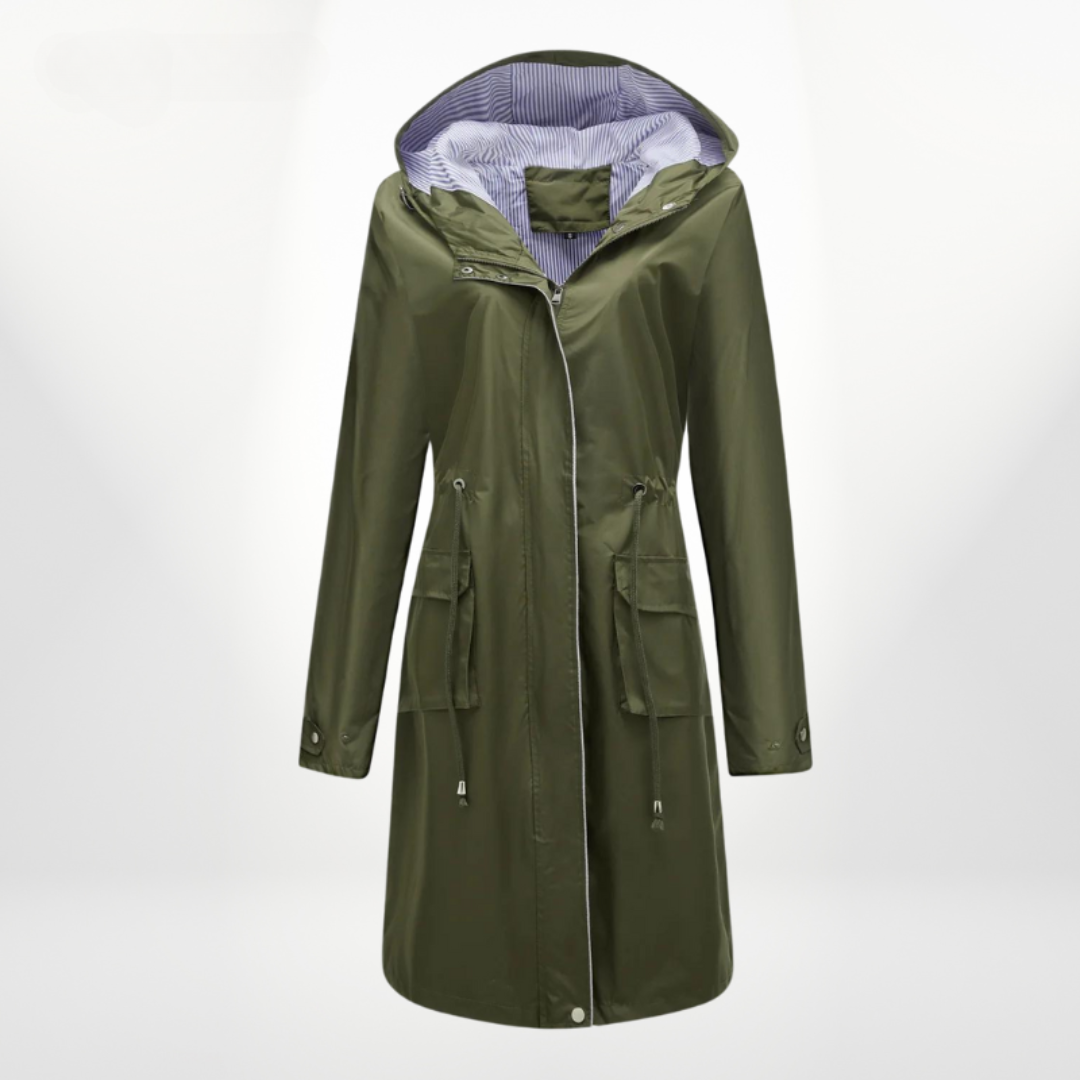 Casaco anorak feminino com capuz comprimento médio silhueta linha A