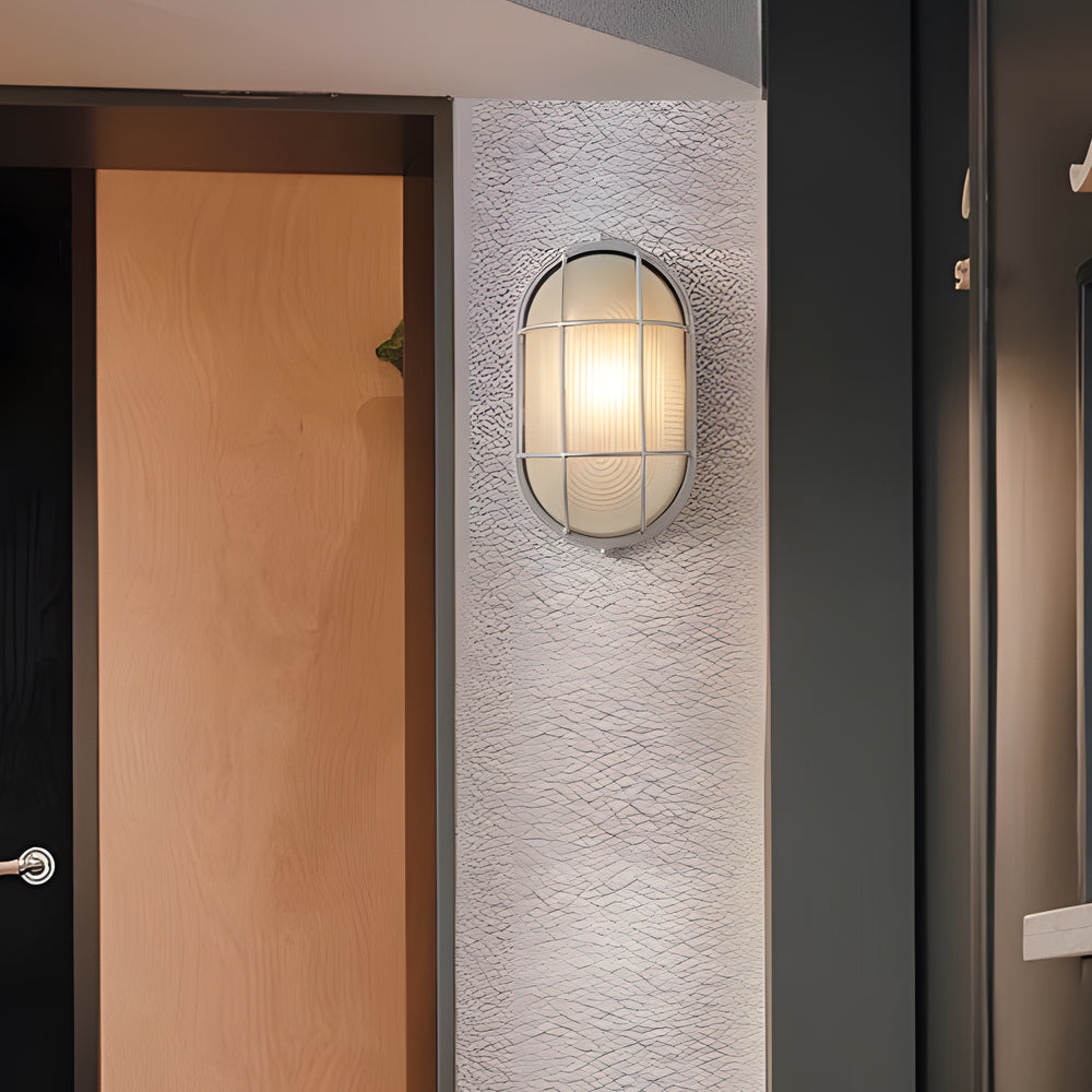 Candeeiro de parede exterior retro industrial oval e redondo em alumínio fundido com abajur de vidro E27