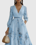Vestido maxi floral manga longa decote V plissado com laço na cintura feminino