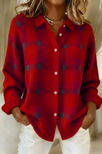 Cardigan feminino tricot xadrez com corte relaxado, estilo retro outono inverno