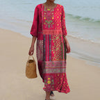 Vestido longo feminino algodão estampa étnica boho vermelho fluido maxi
