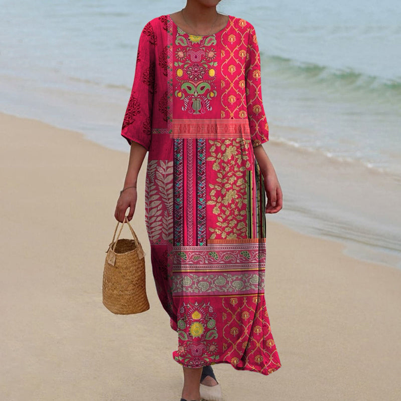 Vestido longo feminino algodão estampa étnica boho vermelho fluido maxi