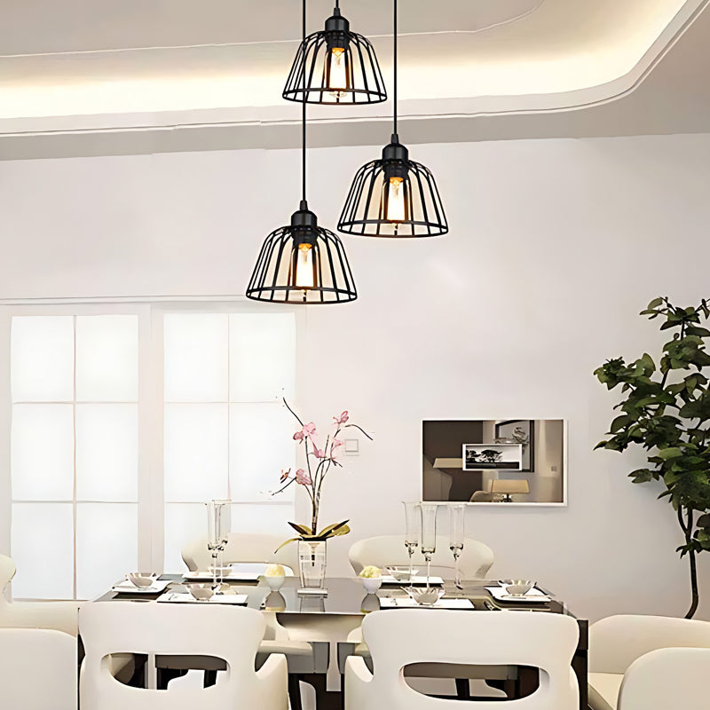 Lustre LED industrial retro gaiola de ferro preto 1 ou 3 luzes, estilo vintage