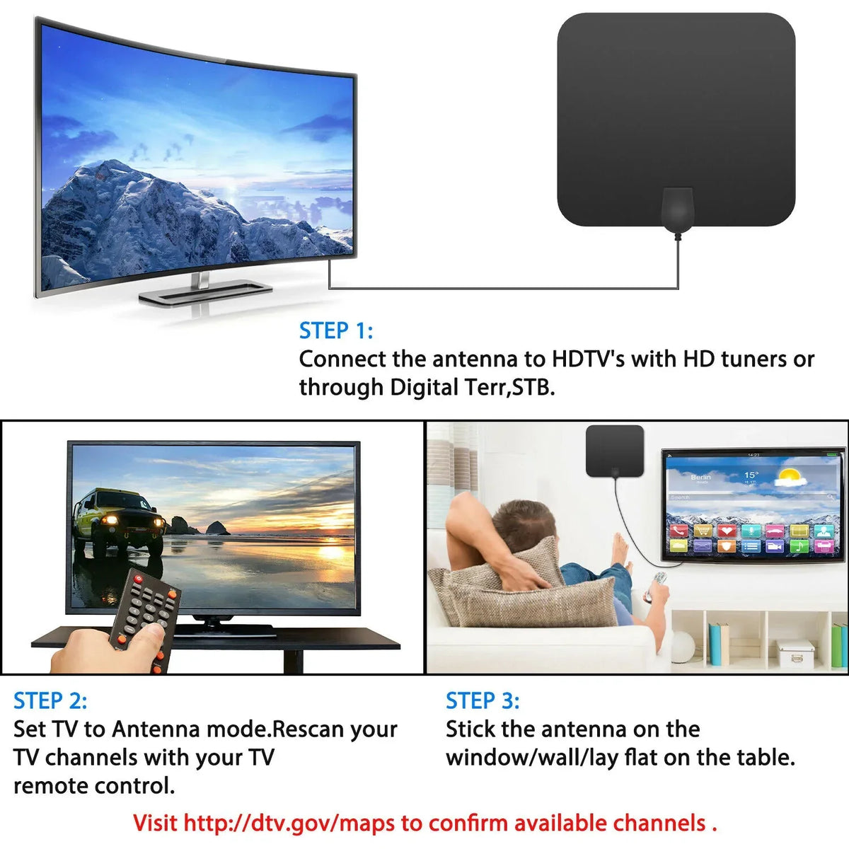 Antena HDTV digital interior com amplificador de sinal 300 milhas UHF VHF
