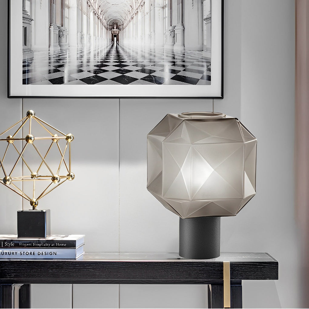 Candeeiro de mesa com cúpula em vidro cinza fumado, design moderno, luz quente E27