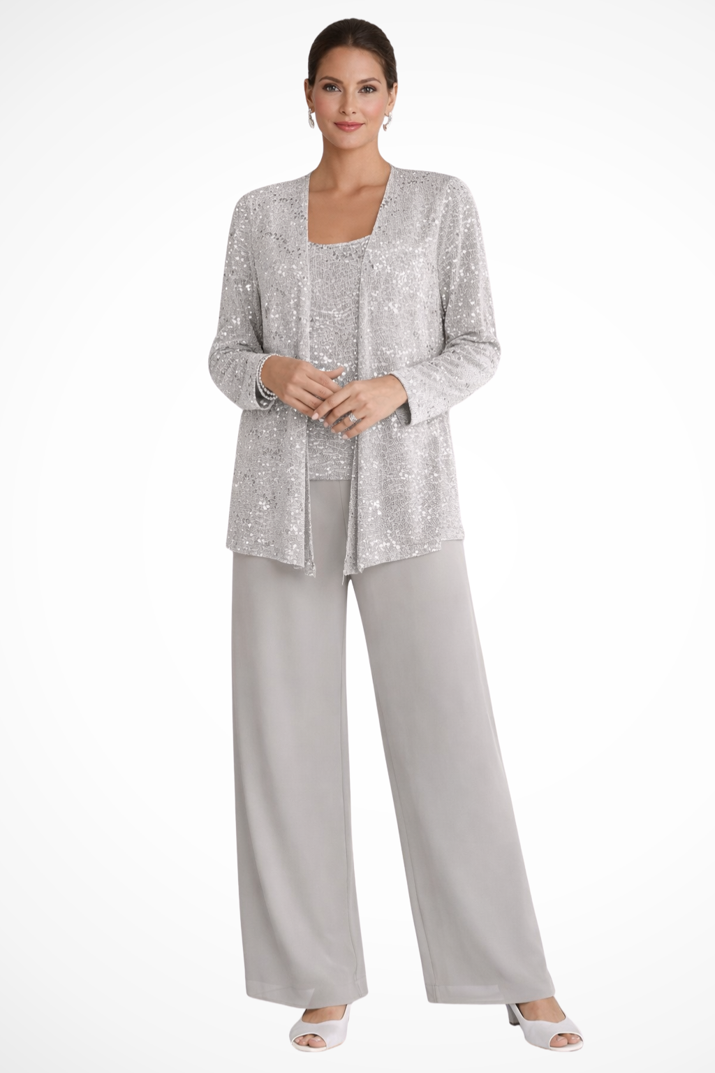 Conjunto feminino 3 peças renda lantejoulas casaco e calça perna larga