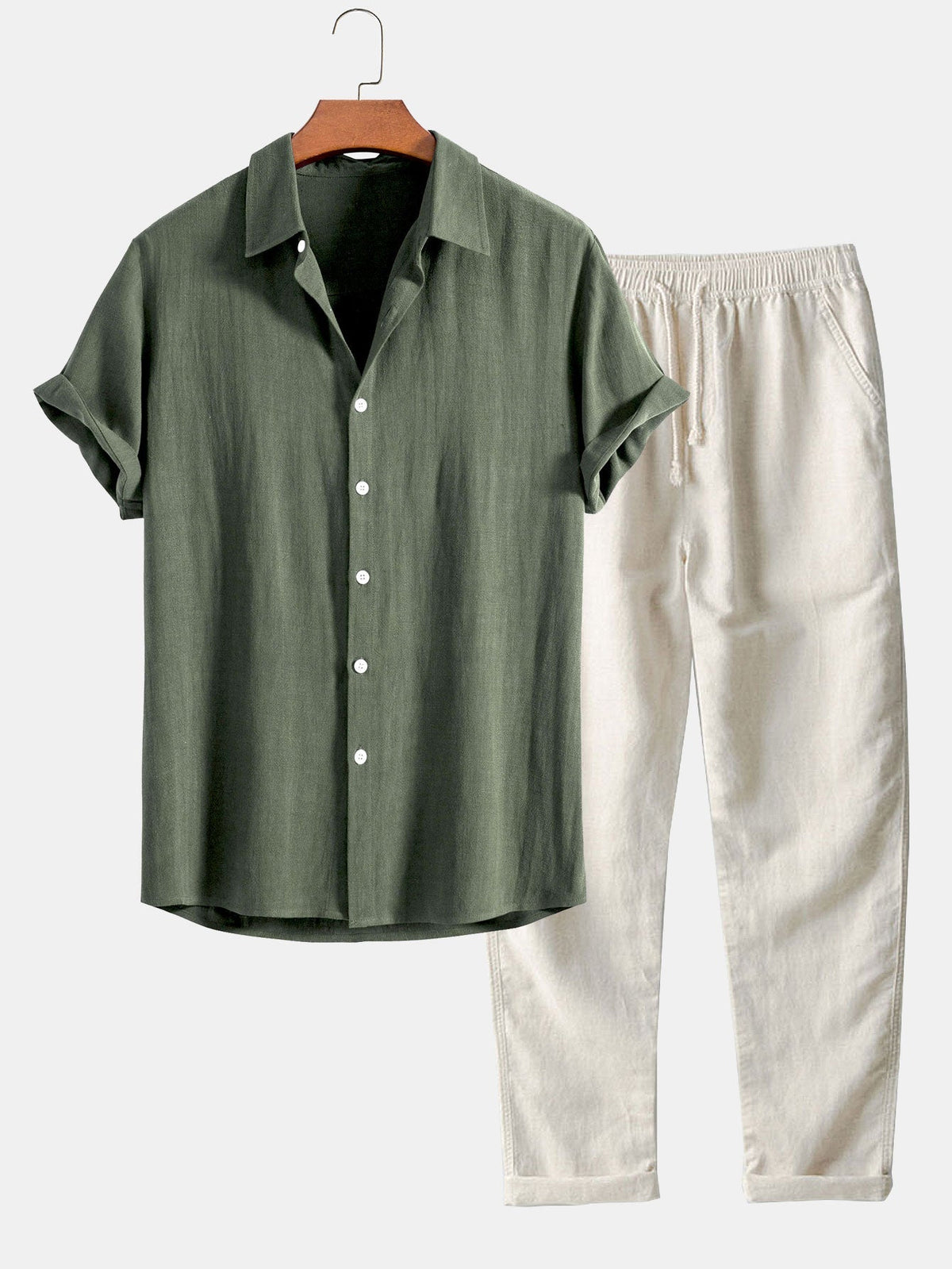 Conjunto masculino linho algodão 2 peças camisa e calça corte relaxado