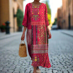 Vestido longo feminino algodão estampa étnica boho vermelho fluido maxi