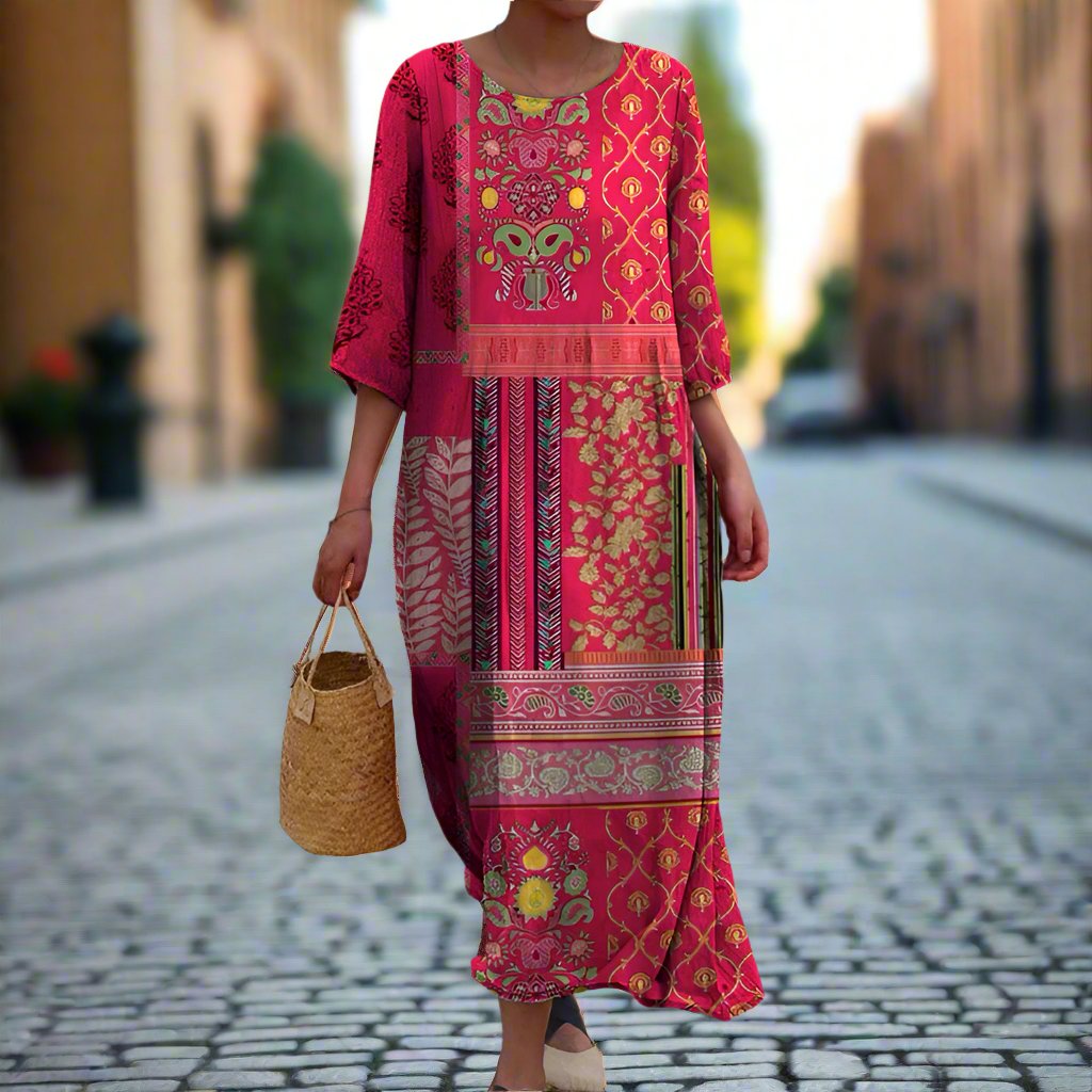 Vestido longo feminino algodão estampa étnica boho vermelho fluido maxi