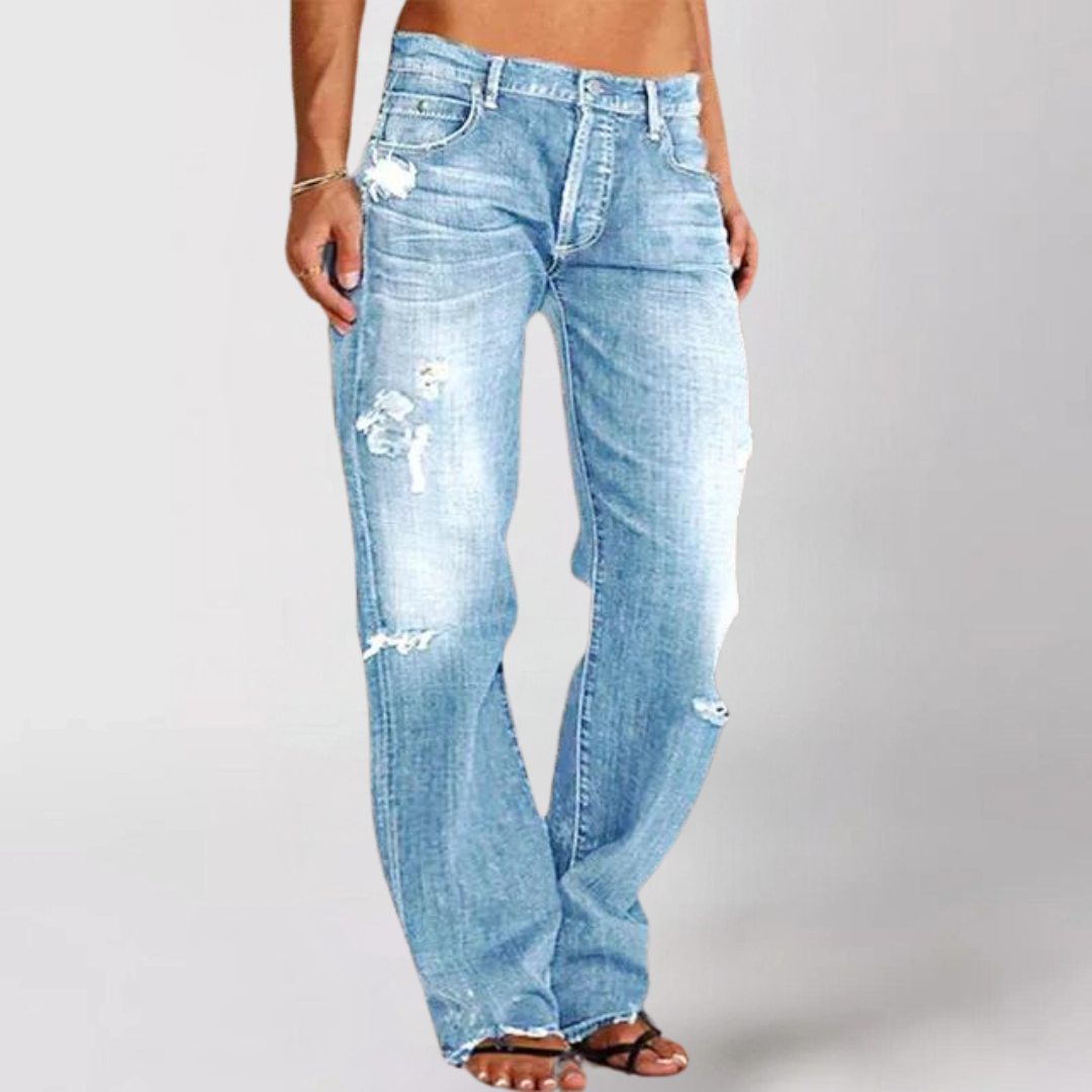 Calças jeans femininas perna larga relaxed fit em denim elástico