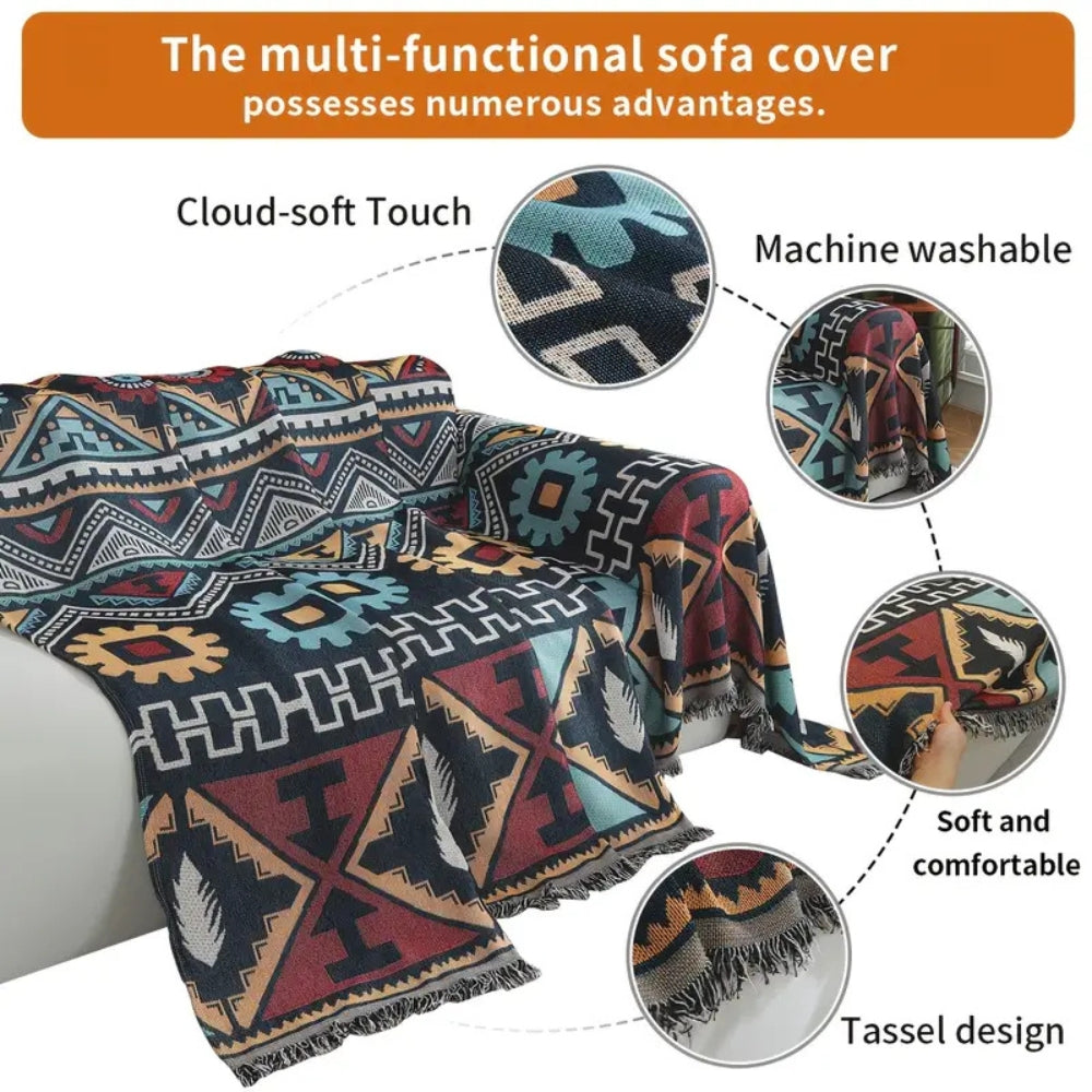 Capa para sofá padrão geométrico asteca boho com borlas decorativas