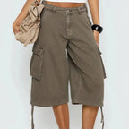 Calções cargo femininos camuflados longline corte largo wide-leg
