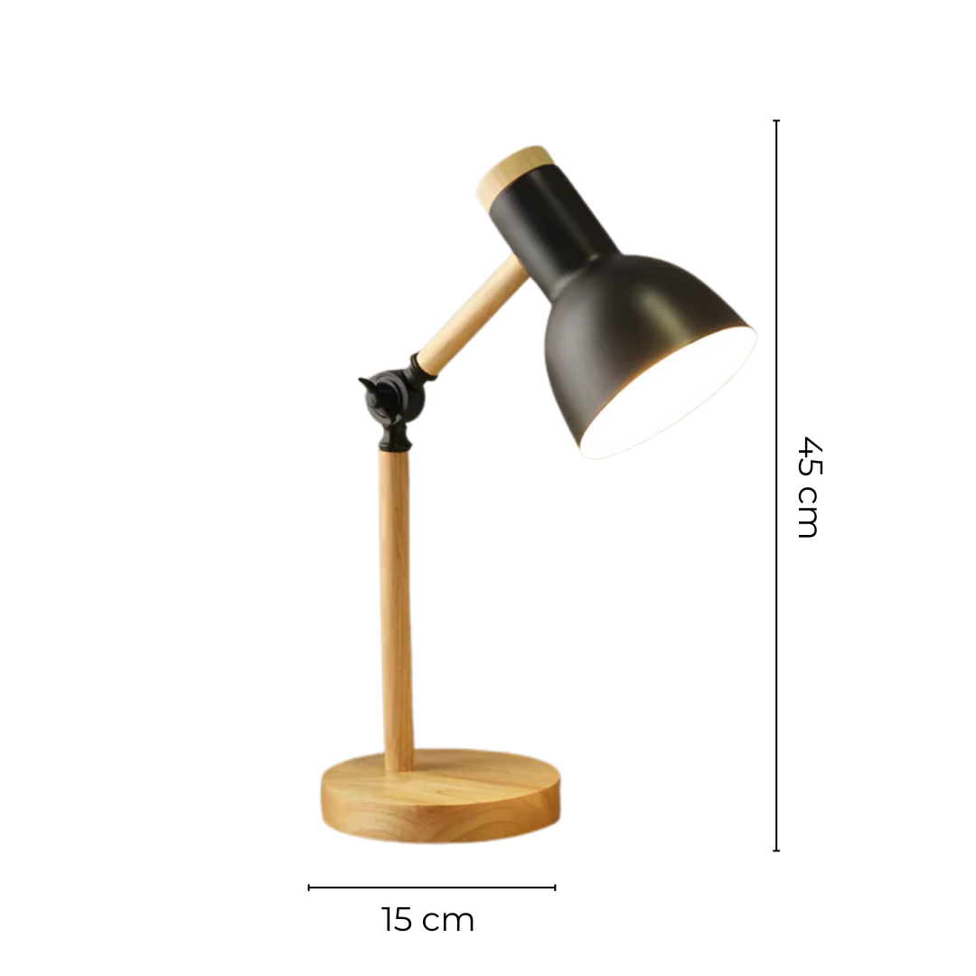 Candeeiro de mesa ajustável em madeira e metal com braço articulado e abajur giratório E27 LED