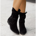 Botins slouch femininos com punho dobrável e salto bloco baixo