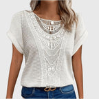 Blusa feminina malha rendada decote redondo mangas curtas