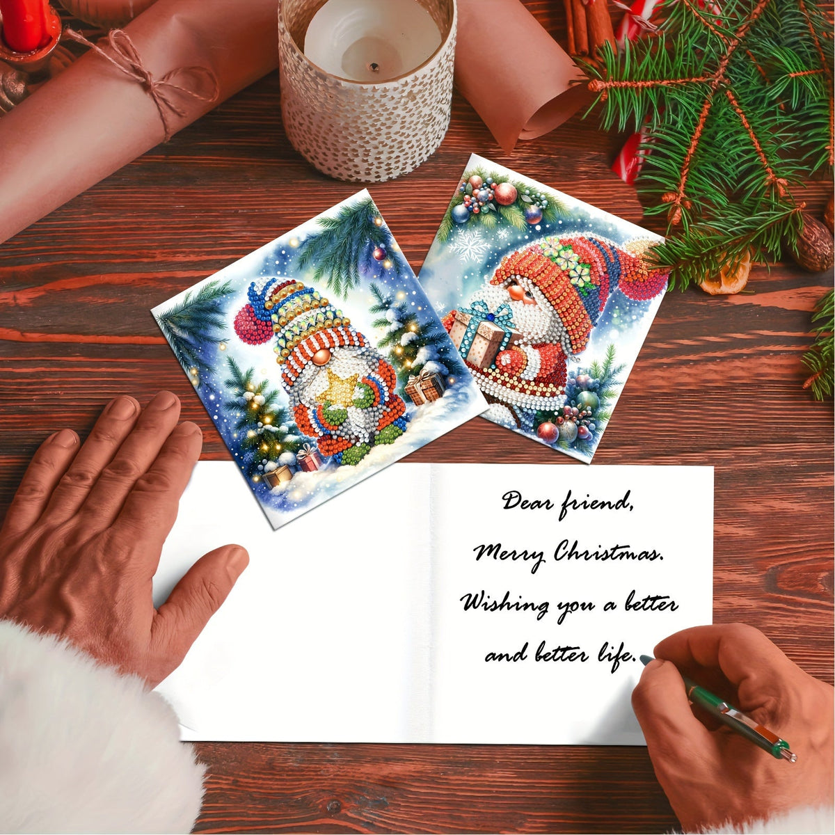 Cartões de Natal DIY 5D Diamond Painting com envelopes, designs de Pai Natal multicoloridos, conjunto 12 peças