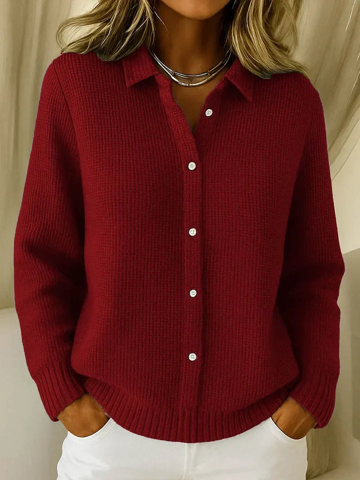 Cardigan feminino de malha grossa com colarinho e fecho de botões