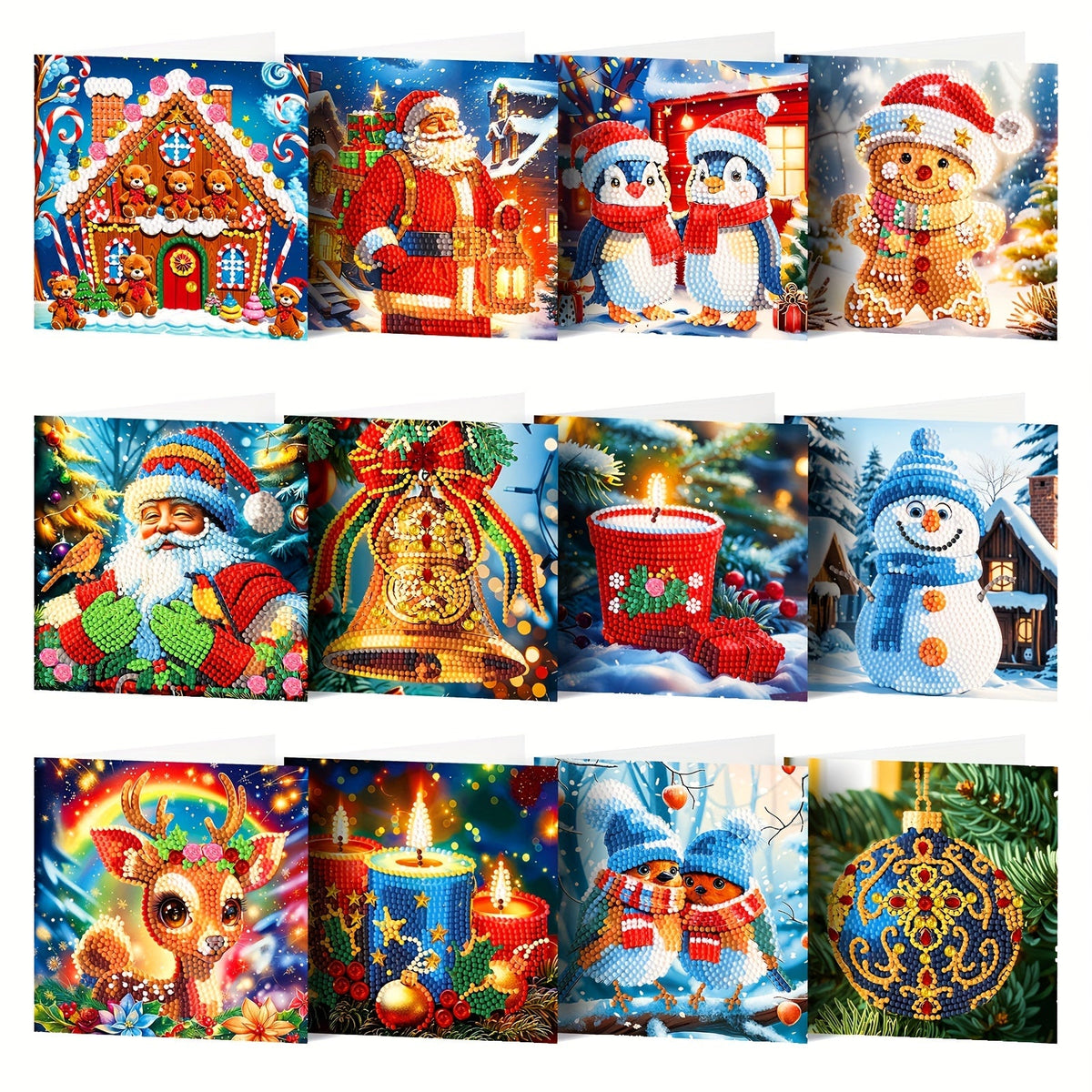 Kit de pintura diamante DIY com 12 cartões de Natal e aniversário, designs de boneco de neve e rena