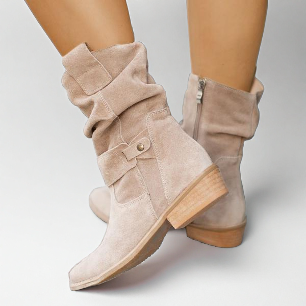 Botins slouch femininos com punho dobrável e salto bloco baixo