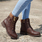 Botins de couro femininos com salto bloco baixo e zíper lateral