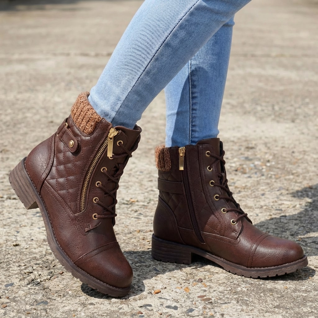 Botins de couro femininos com salto bloco baixo e zíper lateral