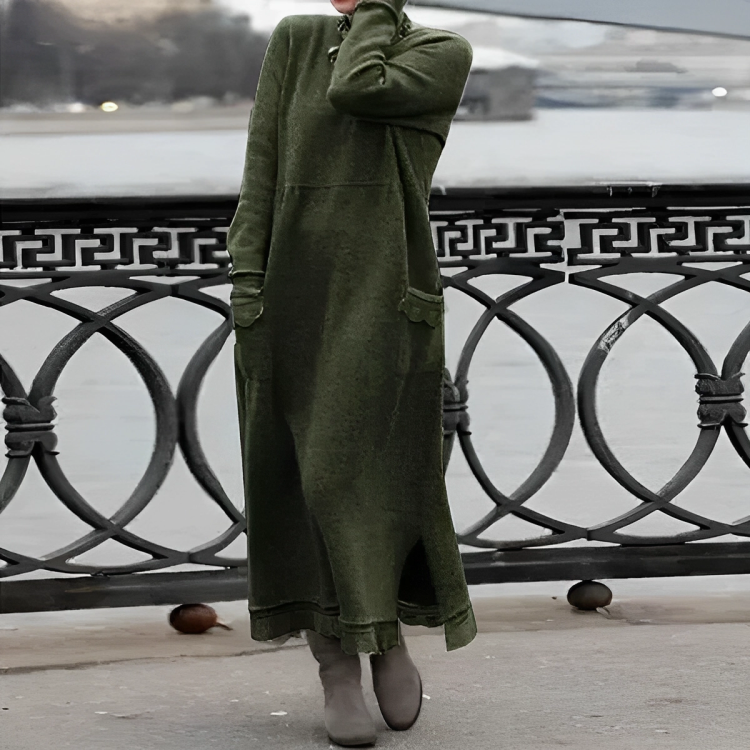 Vestido de inverno feminino malha midi com fenda lateral e bolsos