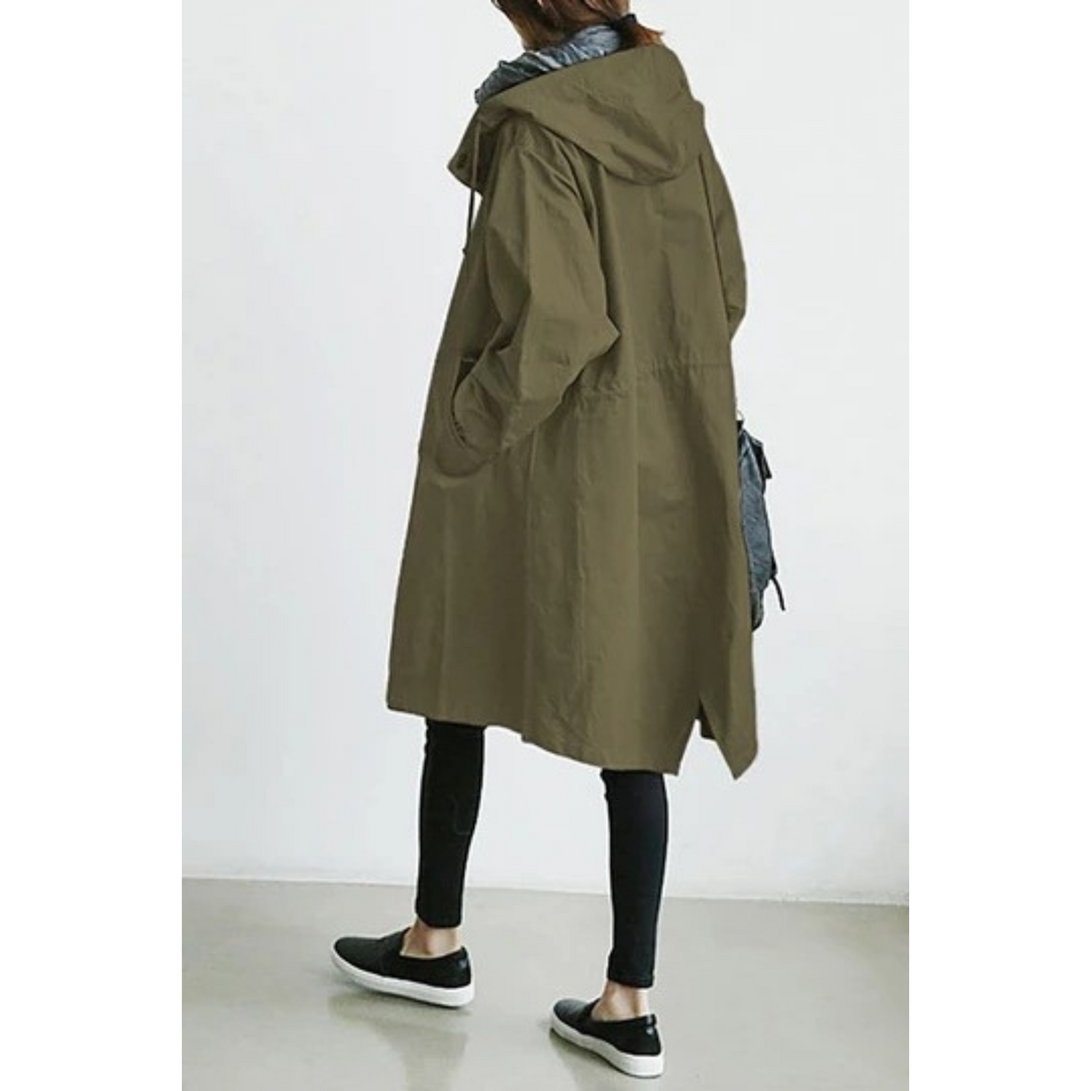 Casaco trench feminino longo com capuz ajustável em vários tons