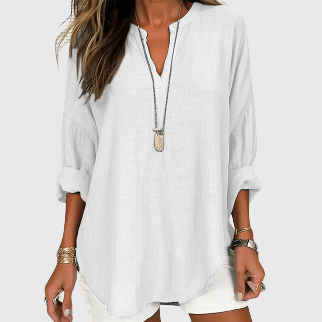 Camisa feminina fluida manga longa gola redonda corte relaxado