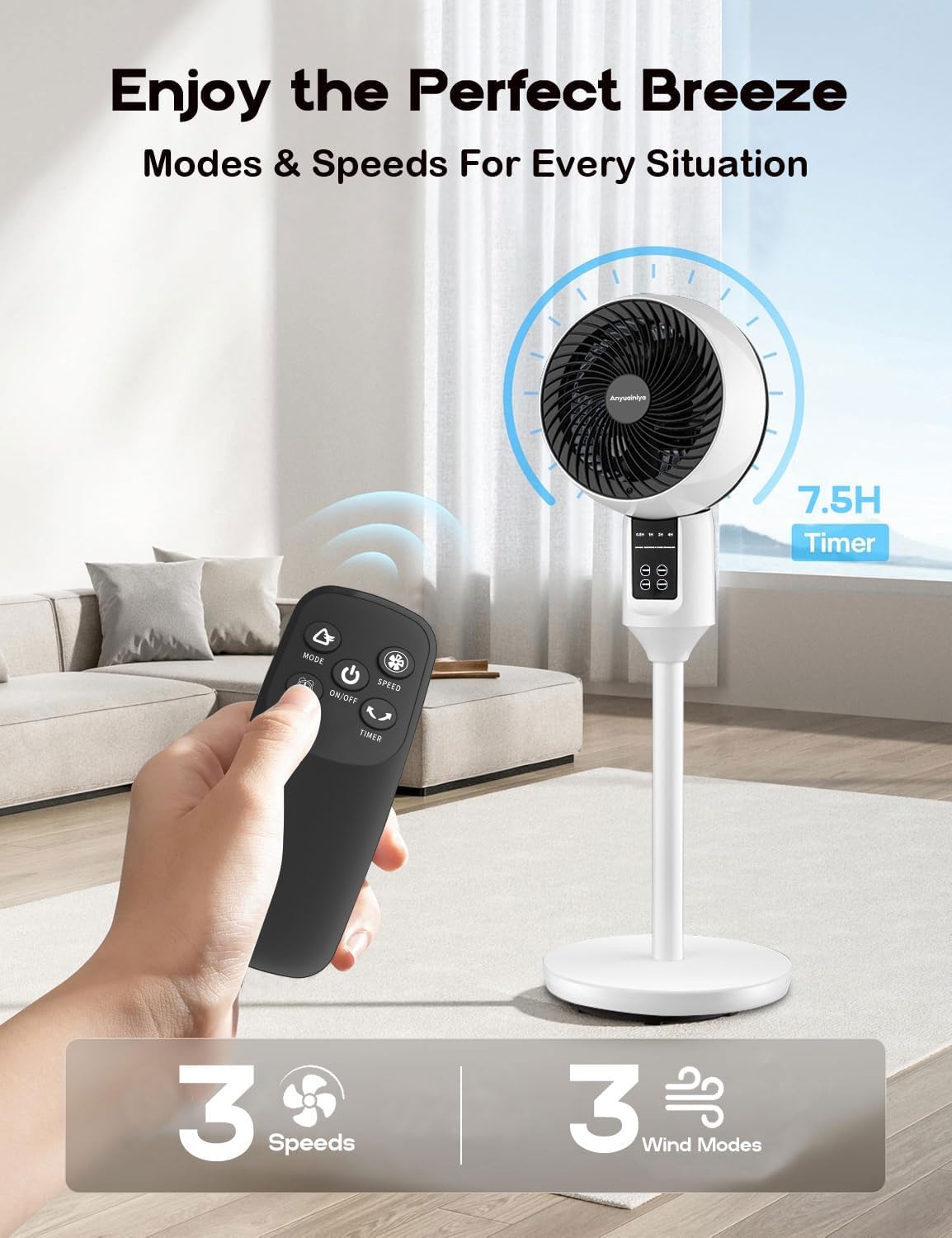 Ventilador de coluna com oscilação 3D, altura ajustável 47-100 cm, silencioso 26 dB, branco