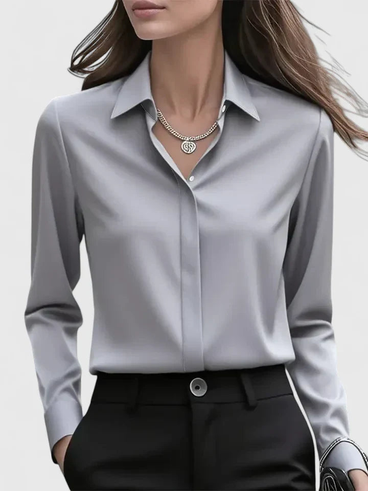 Blusa feminina de cetim com botões manga comprida silhueta fluida