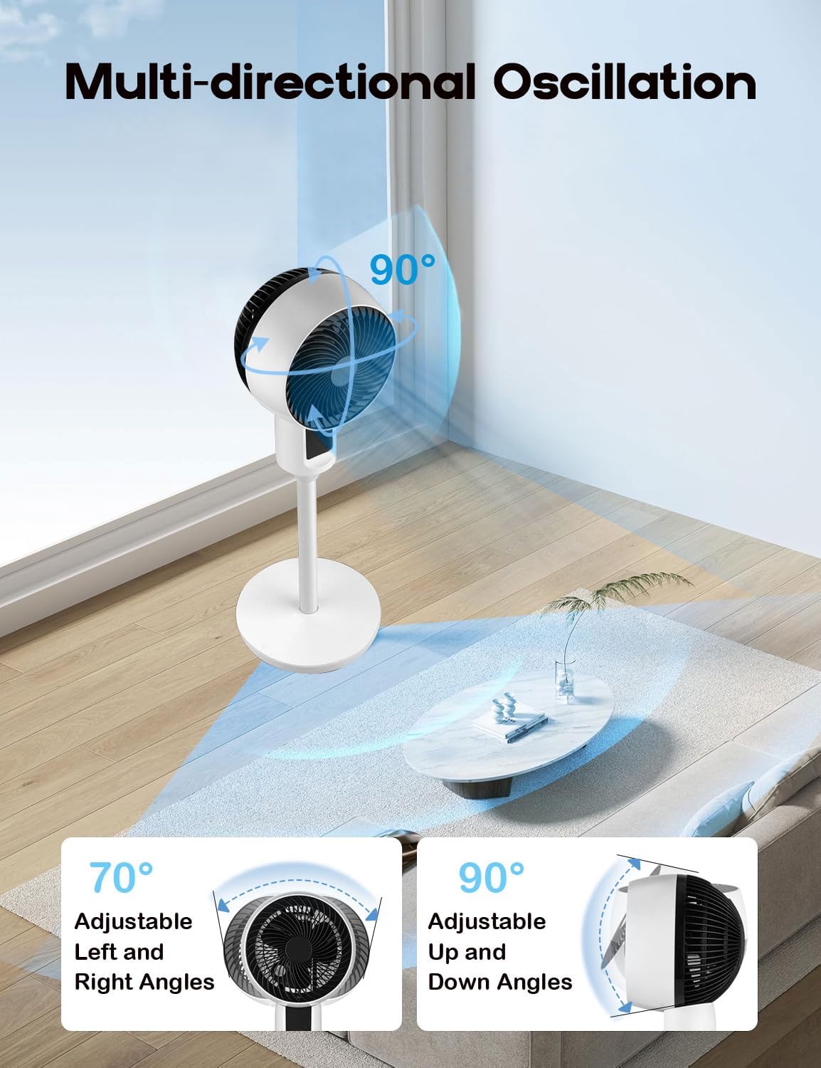 Ventilador de coluna ajustável com oscilação 3D, 3 modos, ultra-silencioso 26 dB, branco