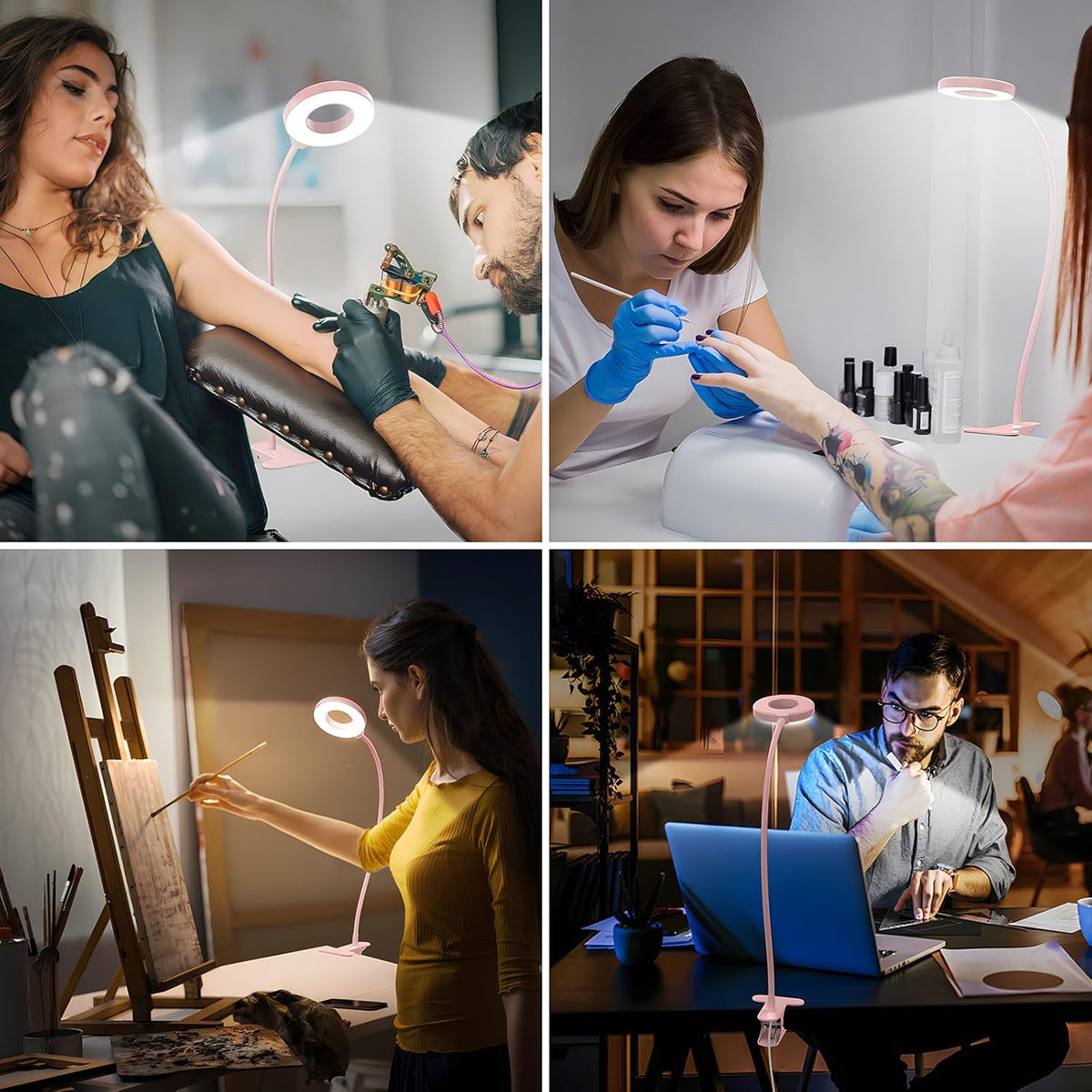 Candeeiro LED de mesa com mola, pescoço flexível 360°, 3 modos de cor, conjunto de 2