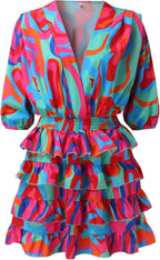 Vestido feminino midi evasê com decote V franzido e babados