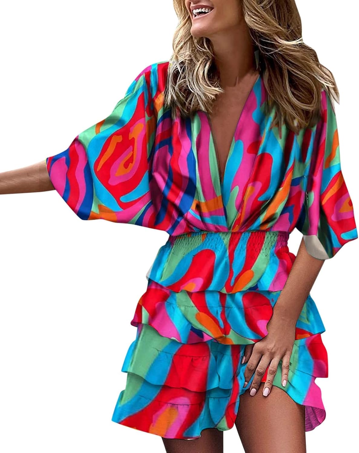Vestido feminino midi evasê com decote V franzido e babados