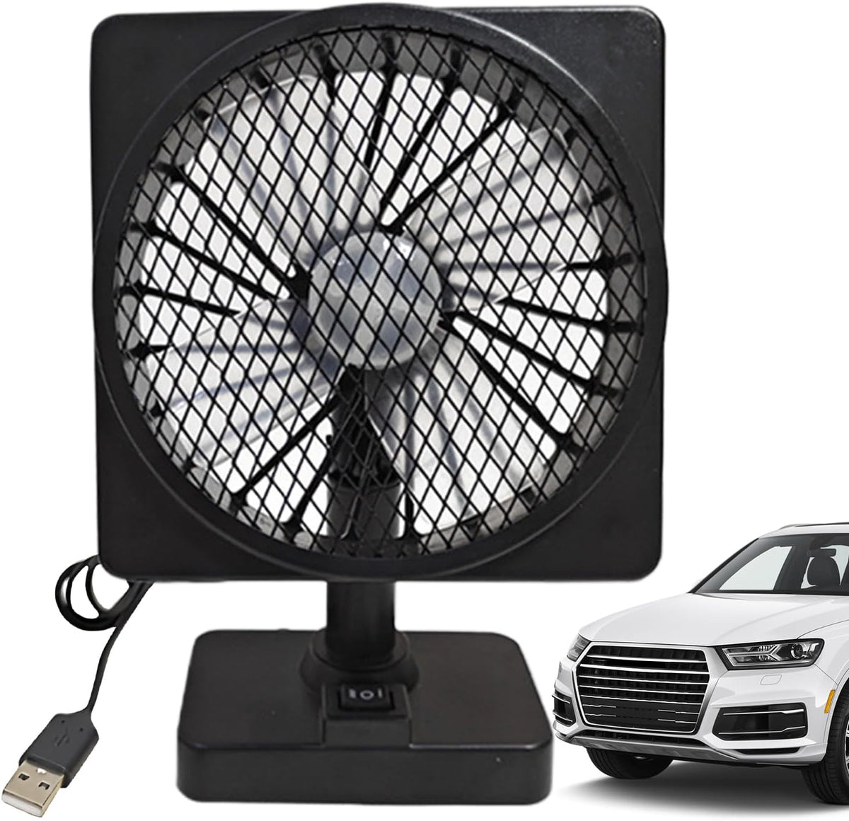 Ventilador de carro USB 12V com rotação 360° e motor silencioso, compacto em ABS