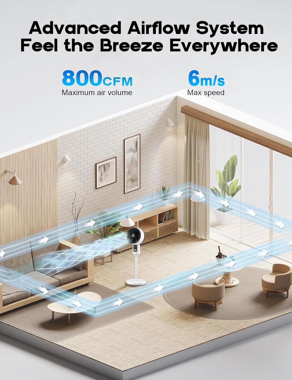 Ventilador de coluna ajustável com oscilação 3D, 3 modos, ultra-silencioso 26 dB, branco