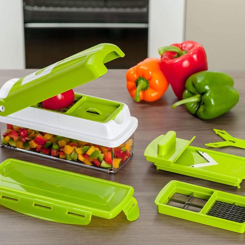 Cortador de legumes 12 em 1 multifuncional com lâminas inox e recipiente de recolha, branco e verde