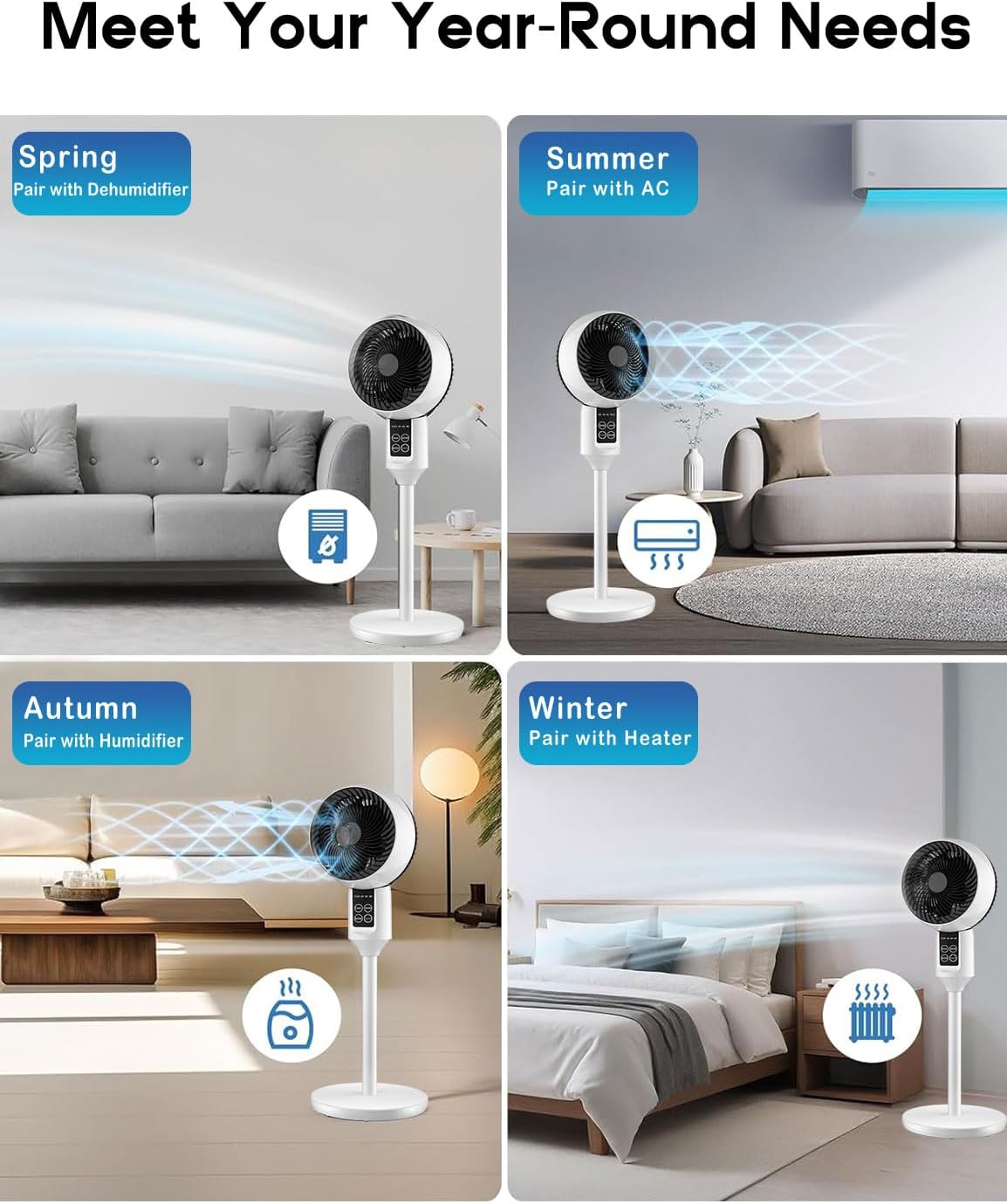 Ventilador de coluna ajustável com oscilação 3D, 3 modos, ultra-silencioso 26 dB, branco