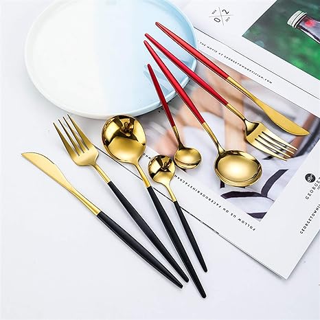 Conjunto de talheres 24 peças aço inoxidável com acabamento ouro e prata, alto brilho