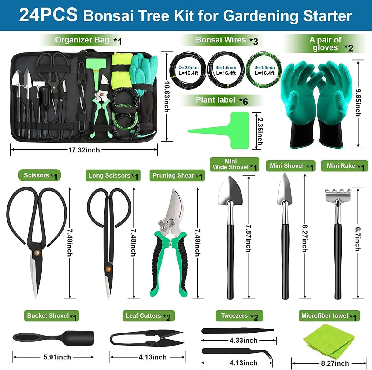 Kit de cuidados bonsai 24 peças com tesouras de aço carbono e bolsa de couro PU
