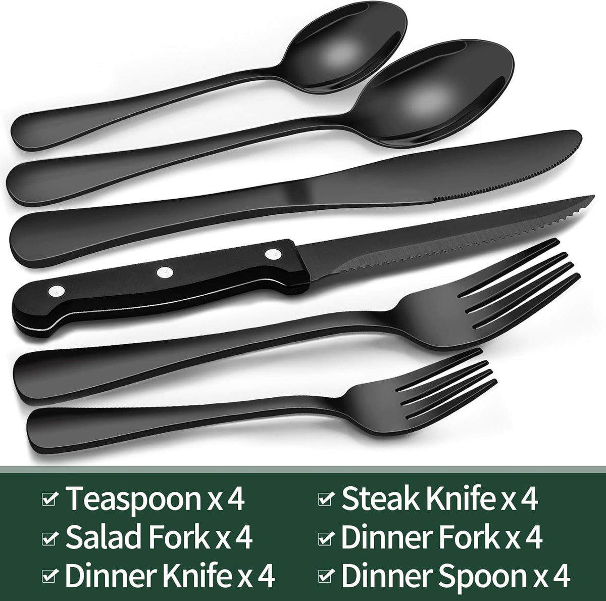 Conjunto de talheres pretos 24 peças aço inoxidável para 4 pessoas, moderno