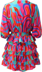Vestido feminino midi evasê com decote V franzido e babados