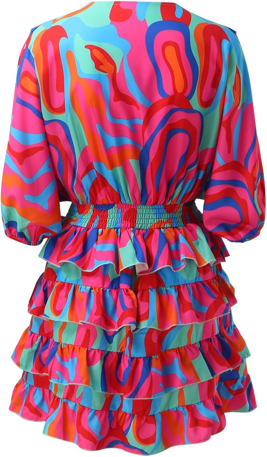 Vestido feminino midi evasê com decote V franzido e babados