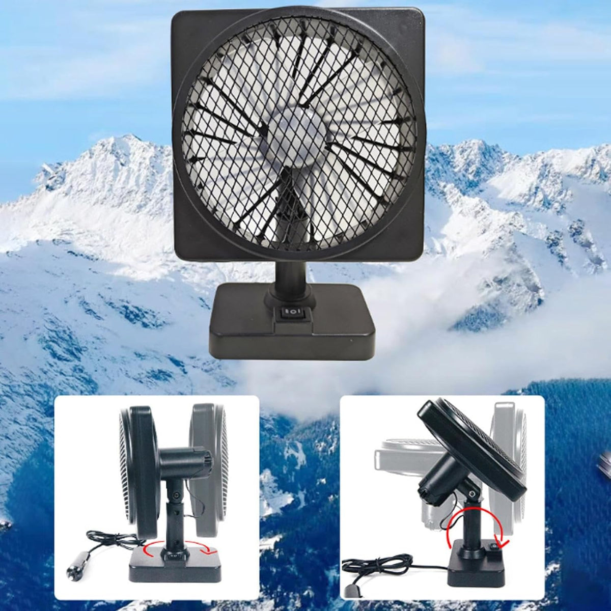 Ventilador de carro USB 12V com rotação 360° e motor silencioso, compacto em ABS