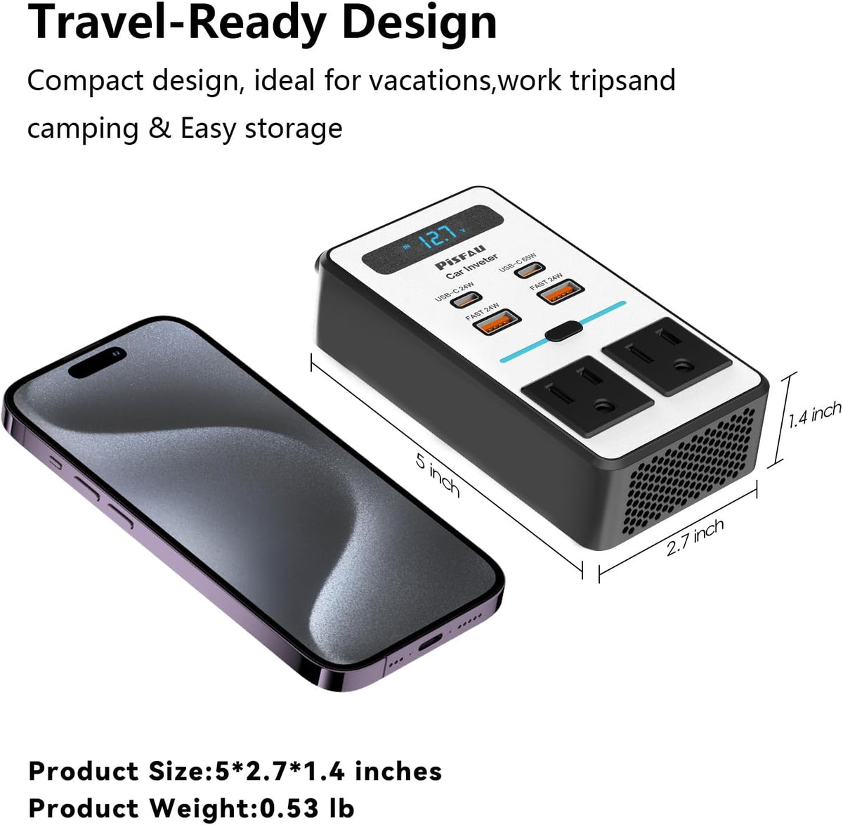 Inversor de carro 200W DC 12V para 220V AC com porta USB-C 20W e carregamento rápido