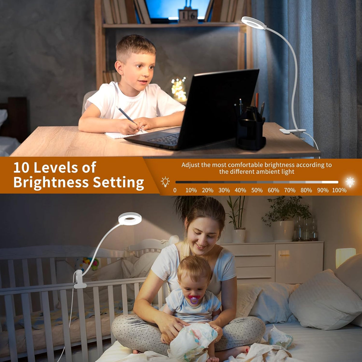 Candeeiro LED de mesa com mola, pescoço flexível 360°, 3 modos de cor, conjunto de 2