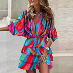 Vestido feminino midi evasê com decote V franzido e babados
